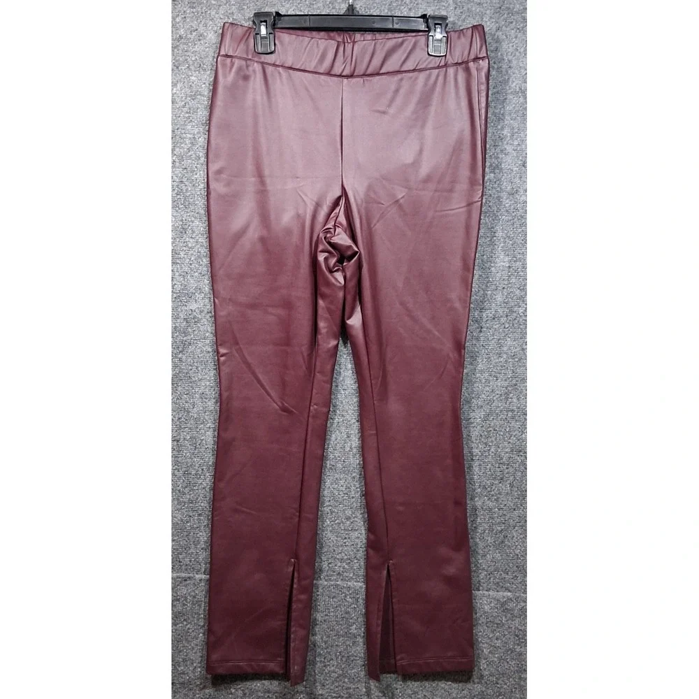 A New Day Womens Faux Leather Split Hem Leggings Burgundy Wine High Rise Size L‎